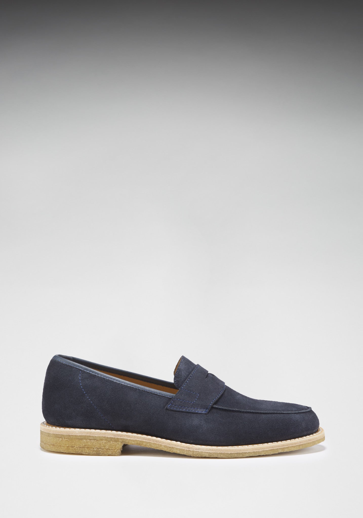 Blue Suede Loafers, Crepe Rubber Welted Sole