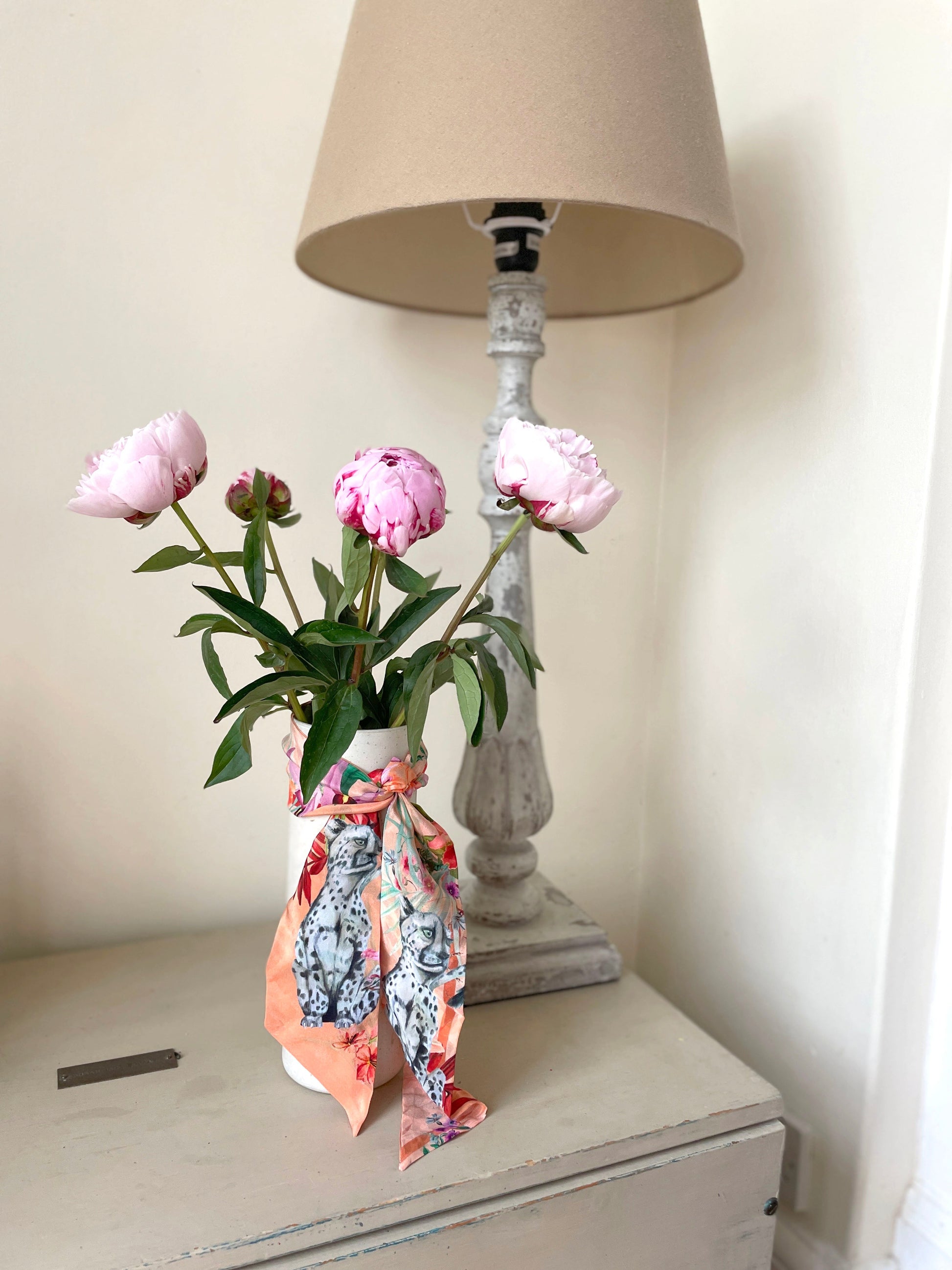 Peach Botanical Panthera Silk Twilly Scarf with Leopard Print