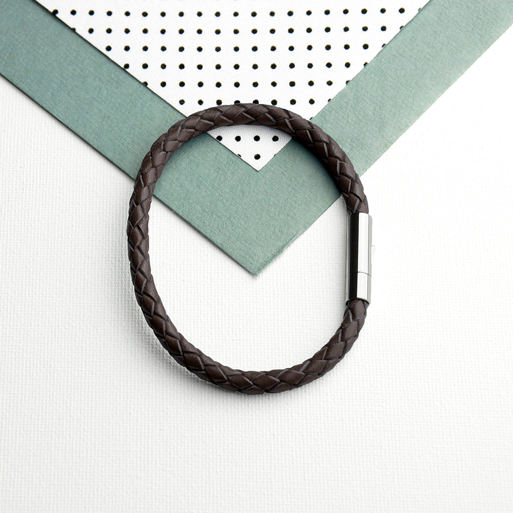 Personalised Men's Cedar Brown Woven Leather Bracelet with Capsule Tube Clasp