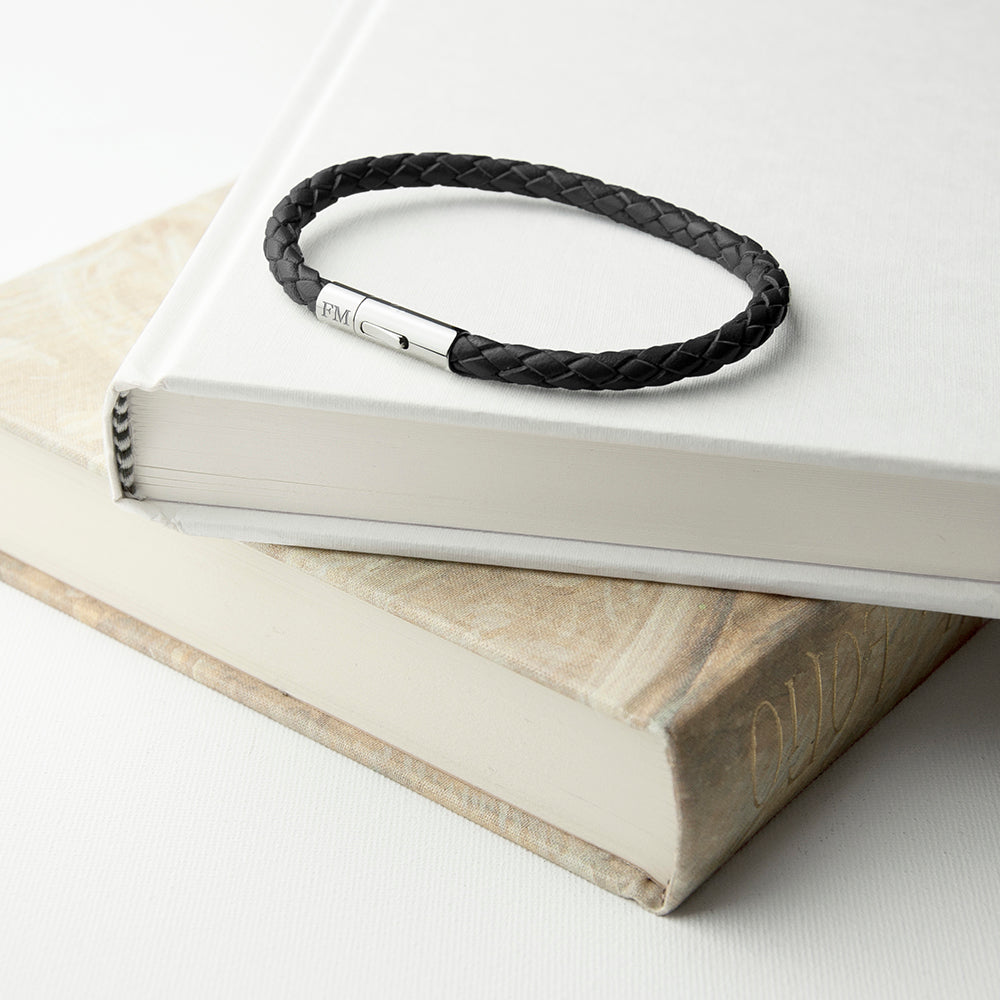 Personalised Men's Black Woven Leather Bracelet with Capsule Tube Clasp
