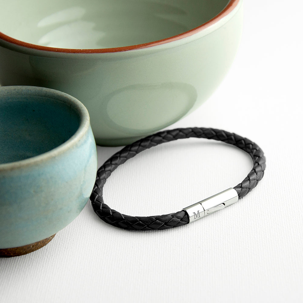 Personalised Men's Black Woven Leather Bracelet with Capsule Tube Clasp