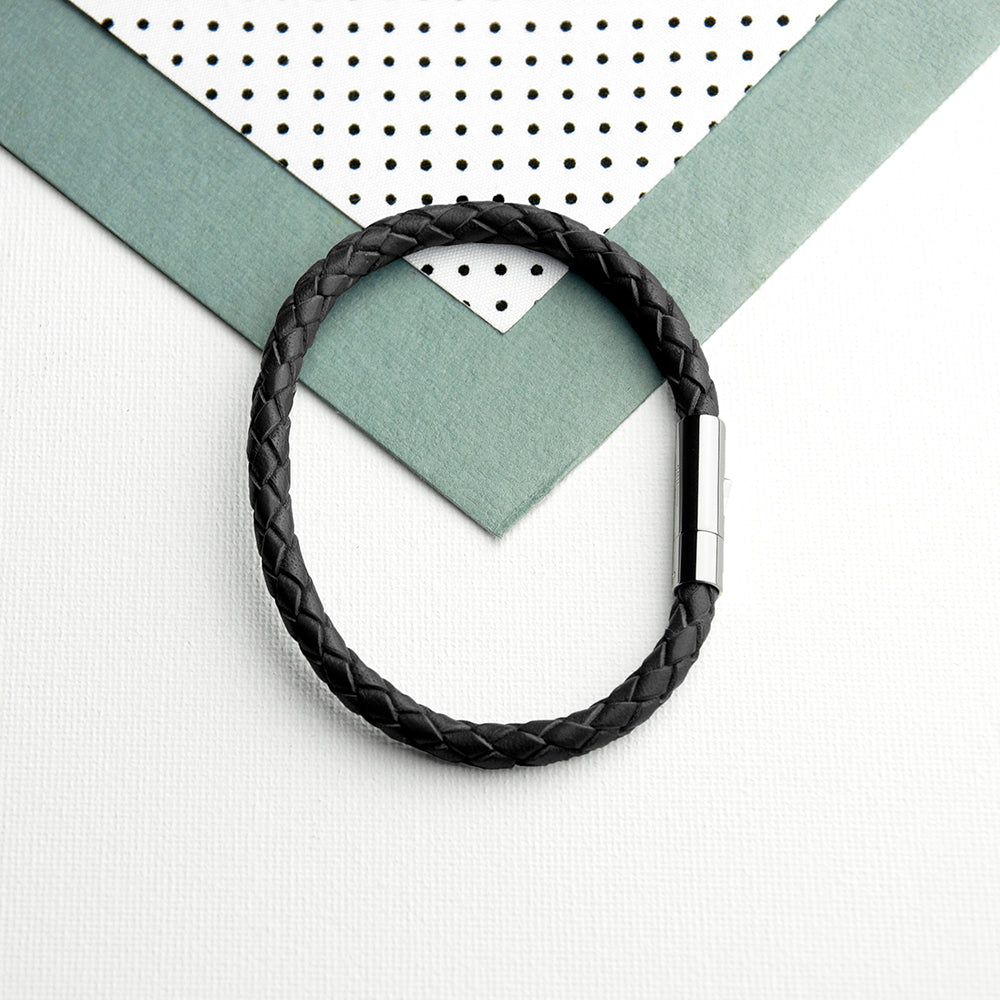 Personalised Men's Black Woven Leather Bracelet with Capsule Tube Clasp