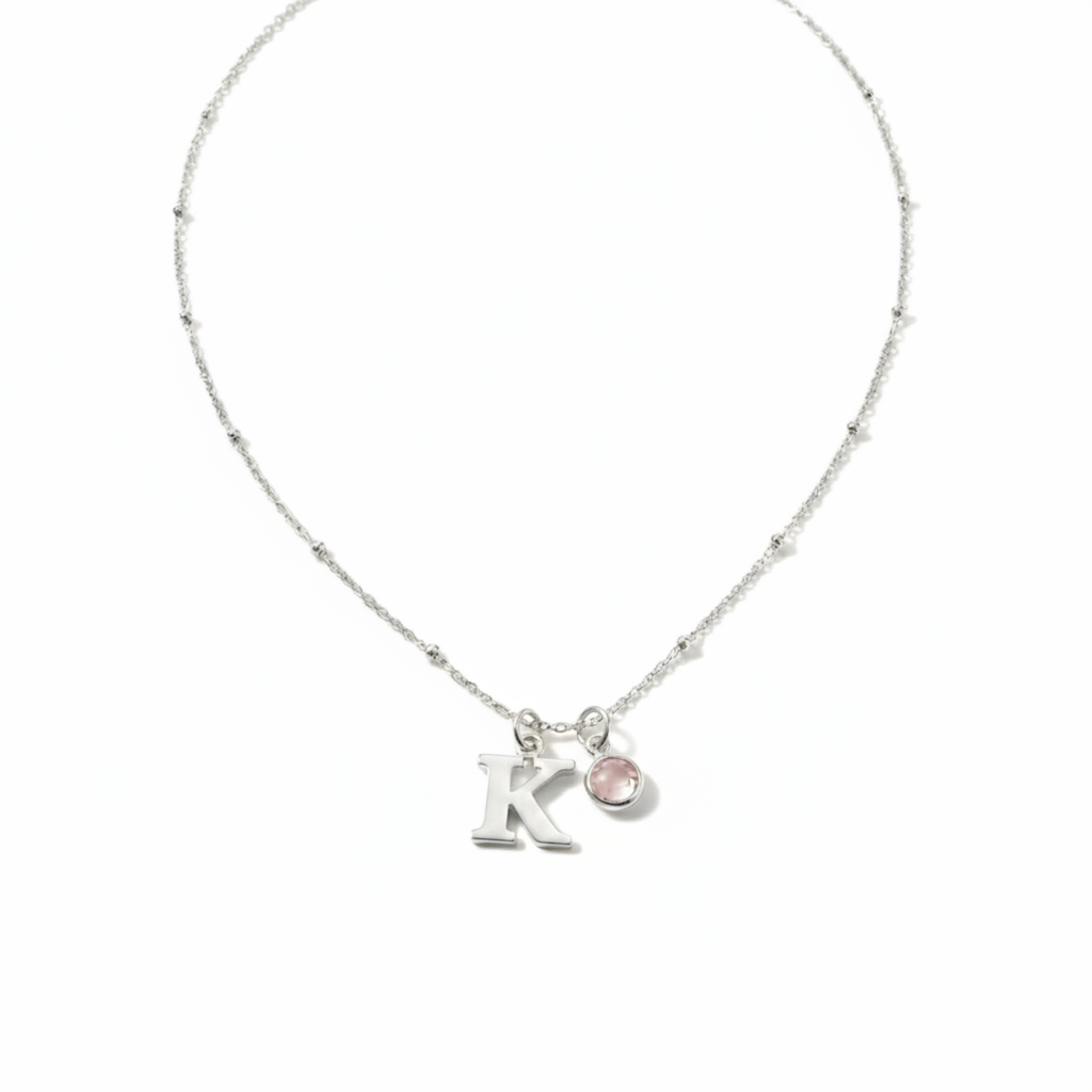 Personalised Initial and October Birthstone Necklace in Rose Quartz
