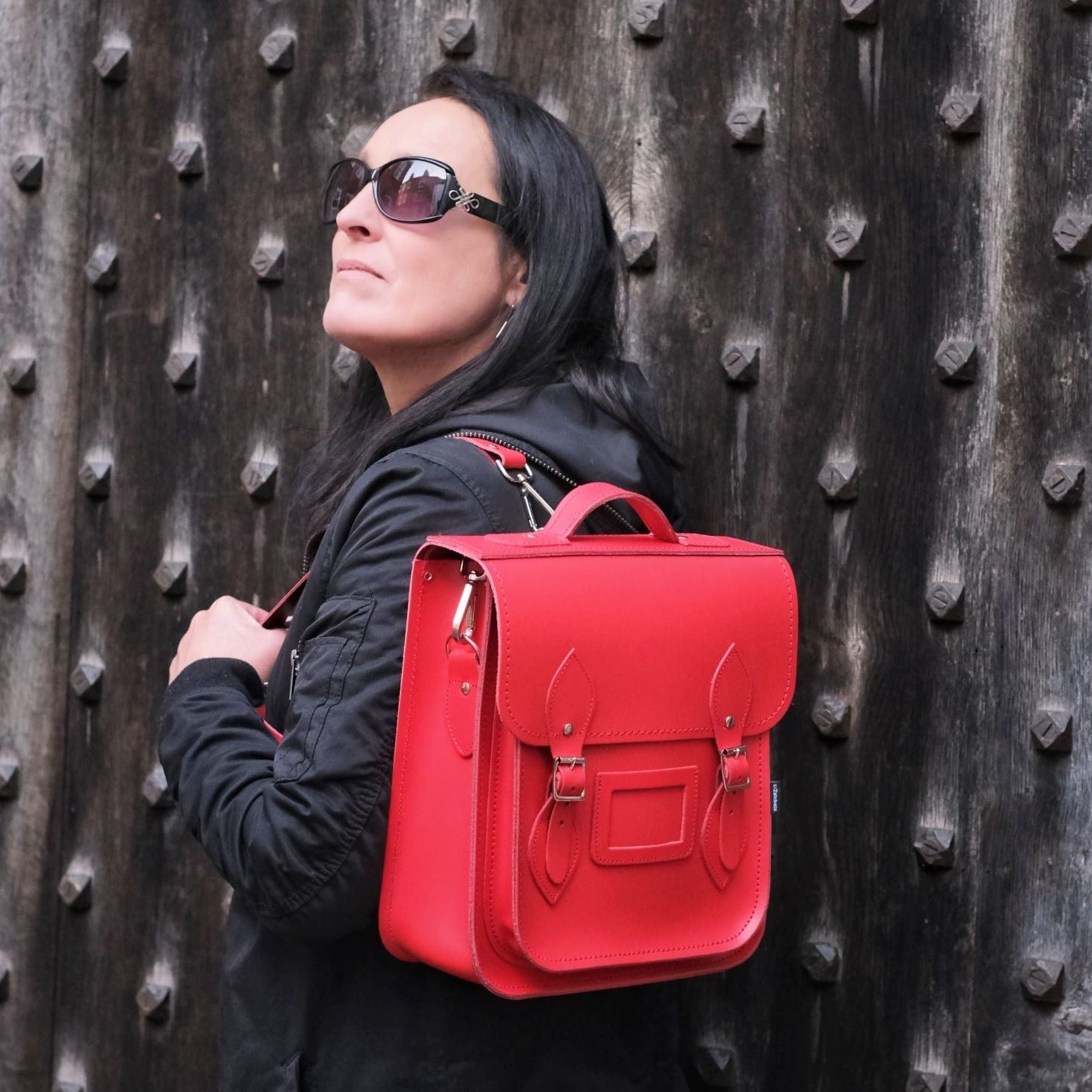 Handmade Leather City Backpack in Pillar Box Red