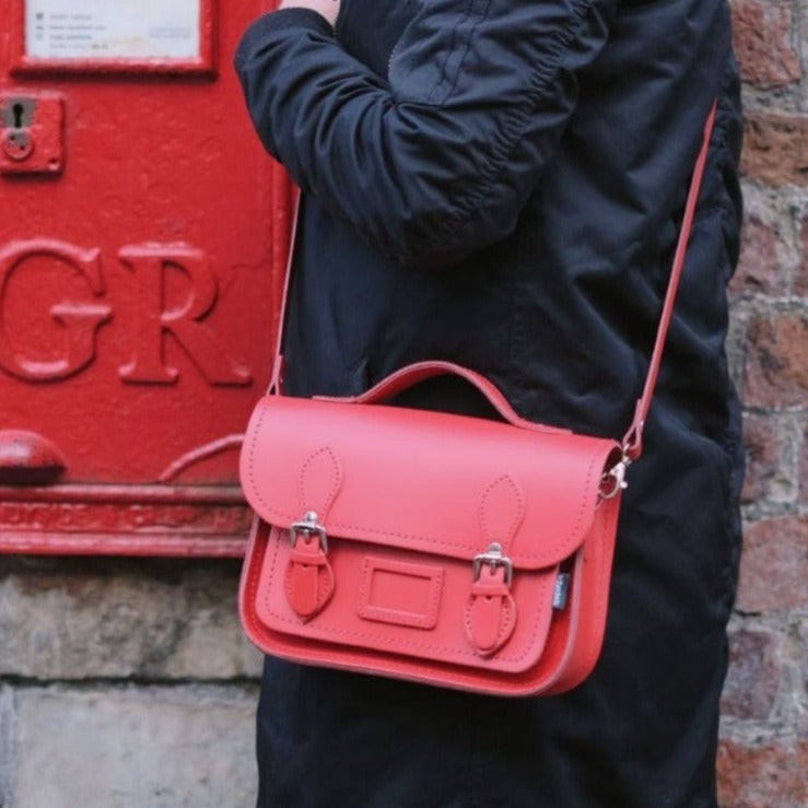 Leather Midi Satchel in Pillar Box Red