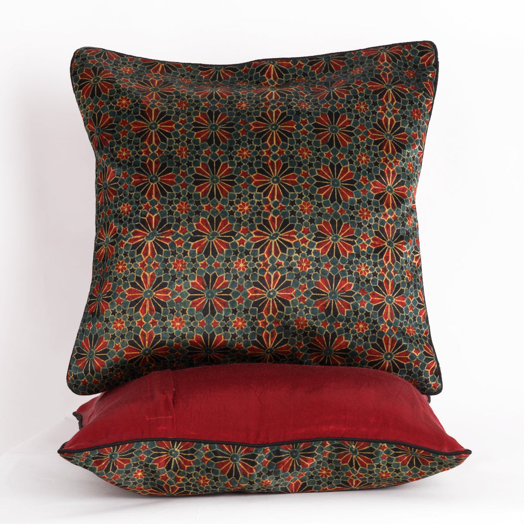 Geometric Flowers Hand Block Print Mashru Silk Cushion Cover - Red Black
