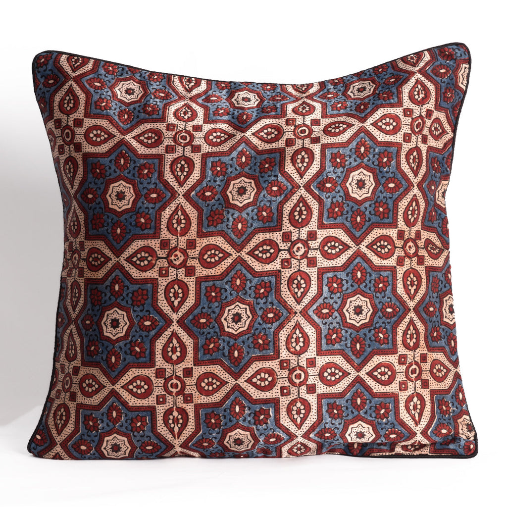 Ajrakh Hand-block Print Star Flower Cushion Cover - Blue Off-White