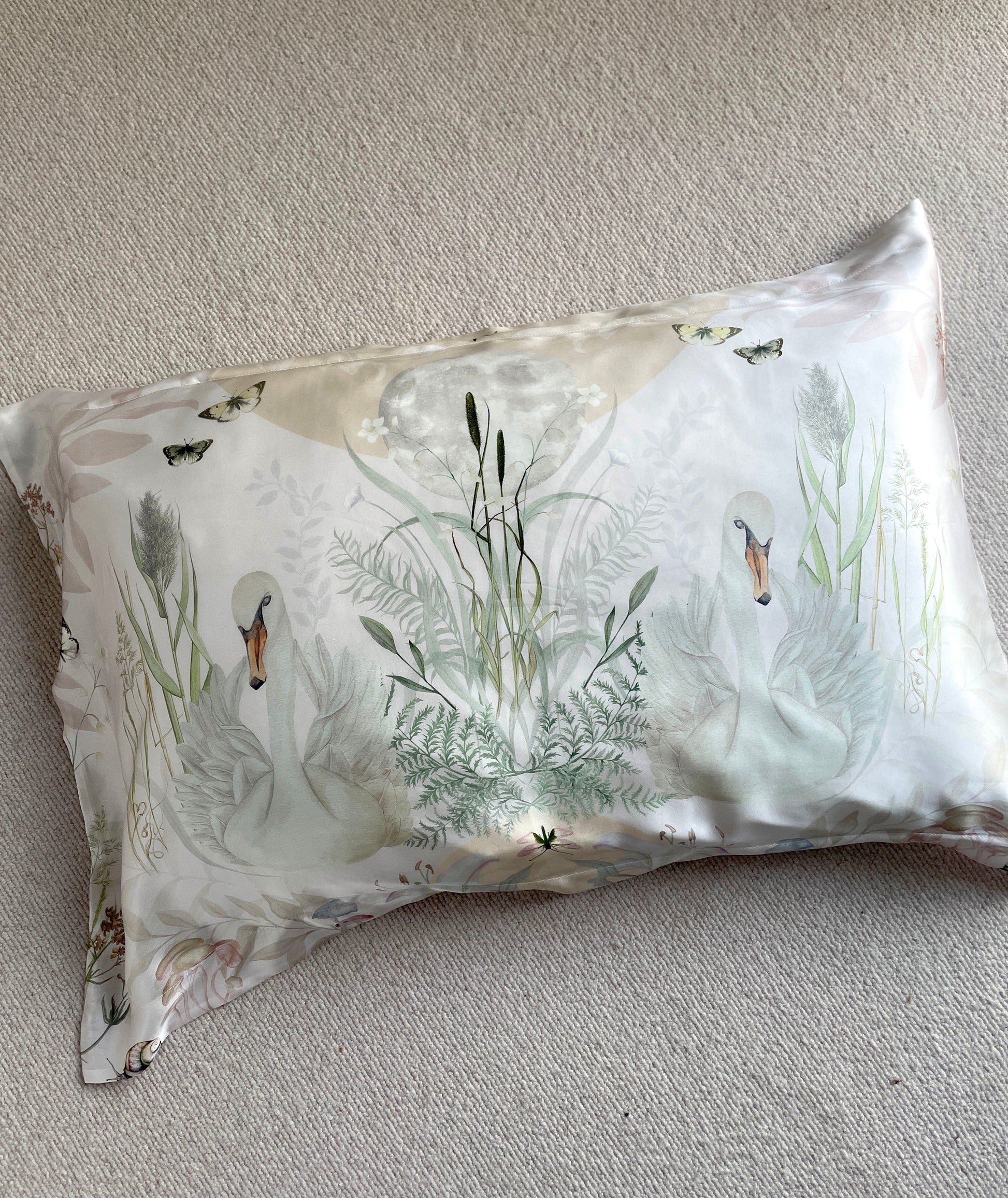 Cream Silk Pillowcase with Hand Painted Graceful Print Standard Oxford