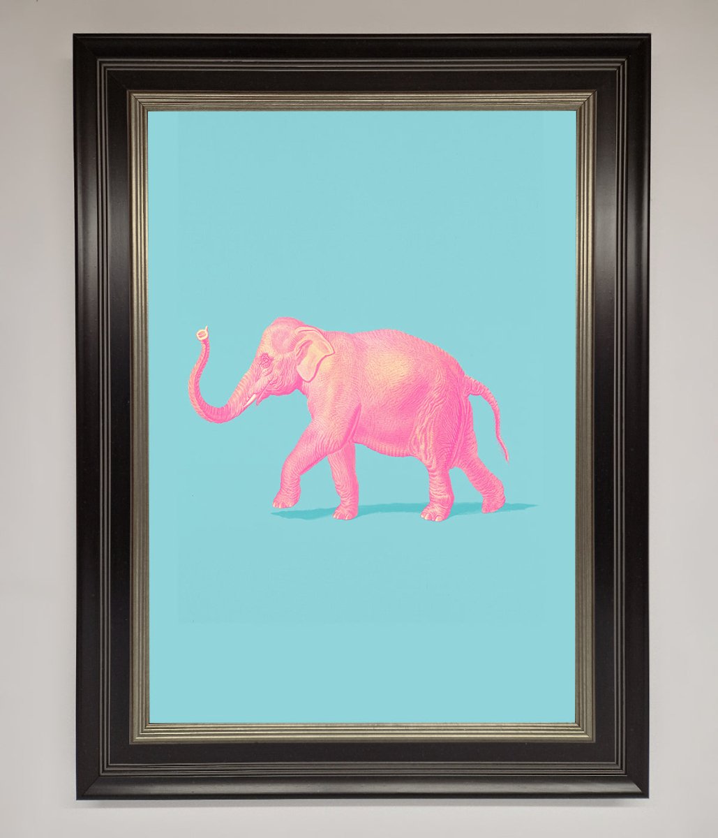 Pink Elephant On Blue Framed Print