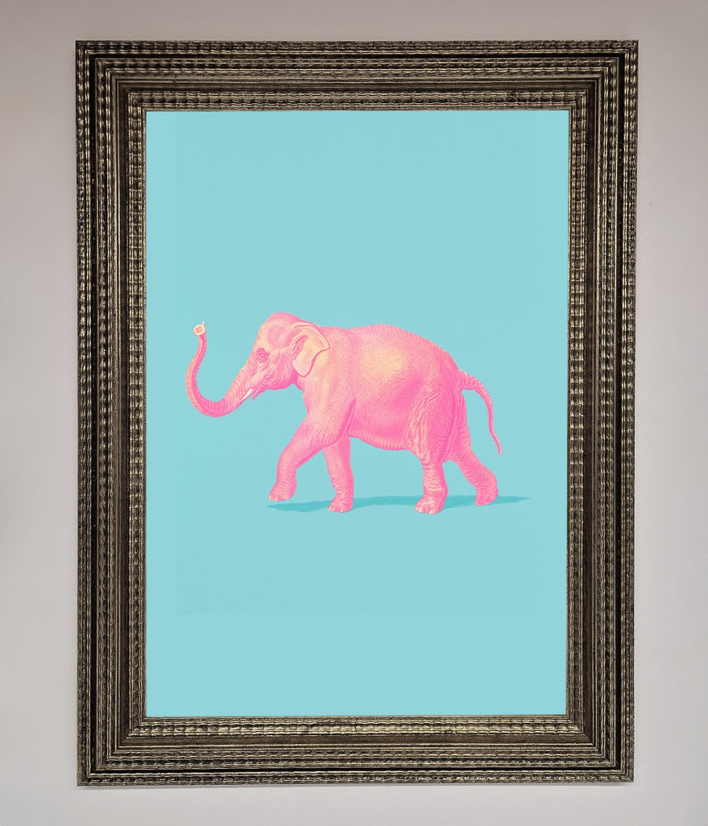 Pink Elephant On Blue Framed Print