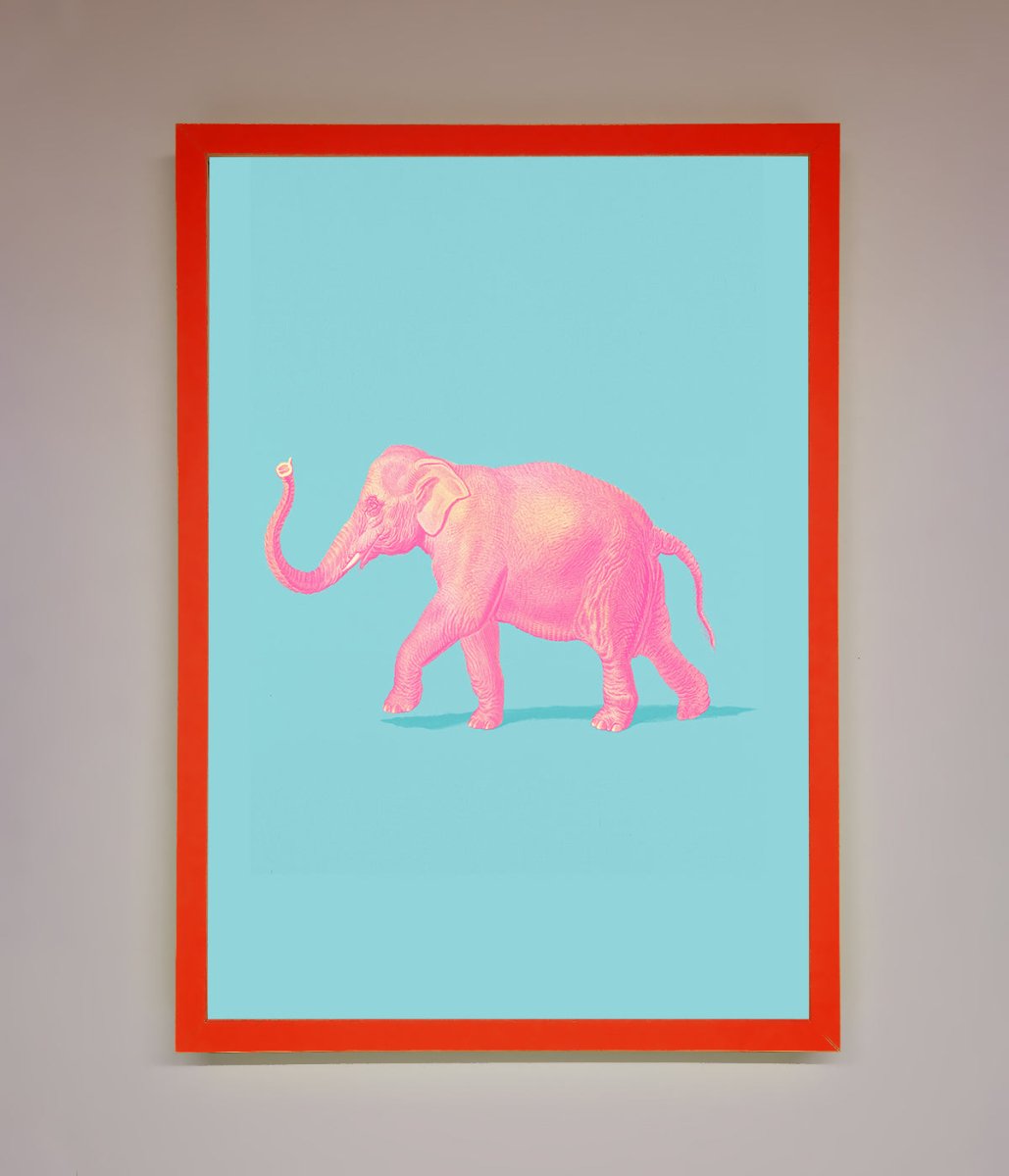 Pink Elephant On Blue Framed Print