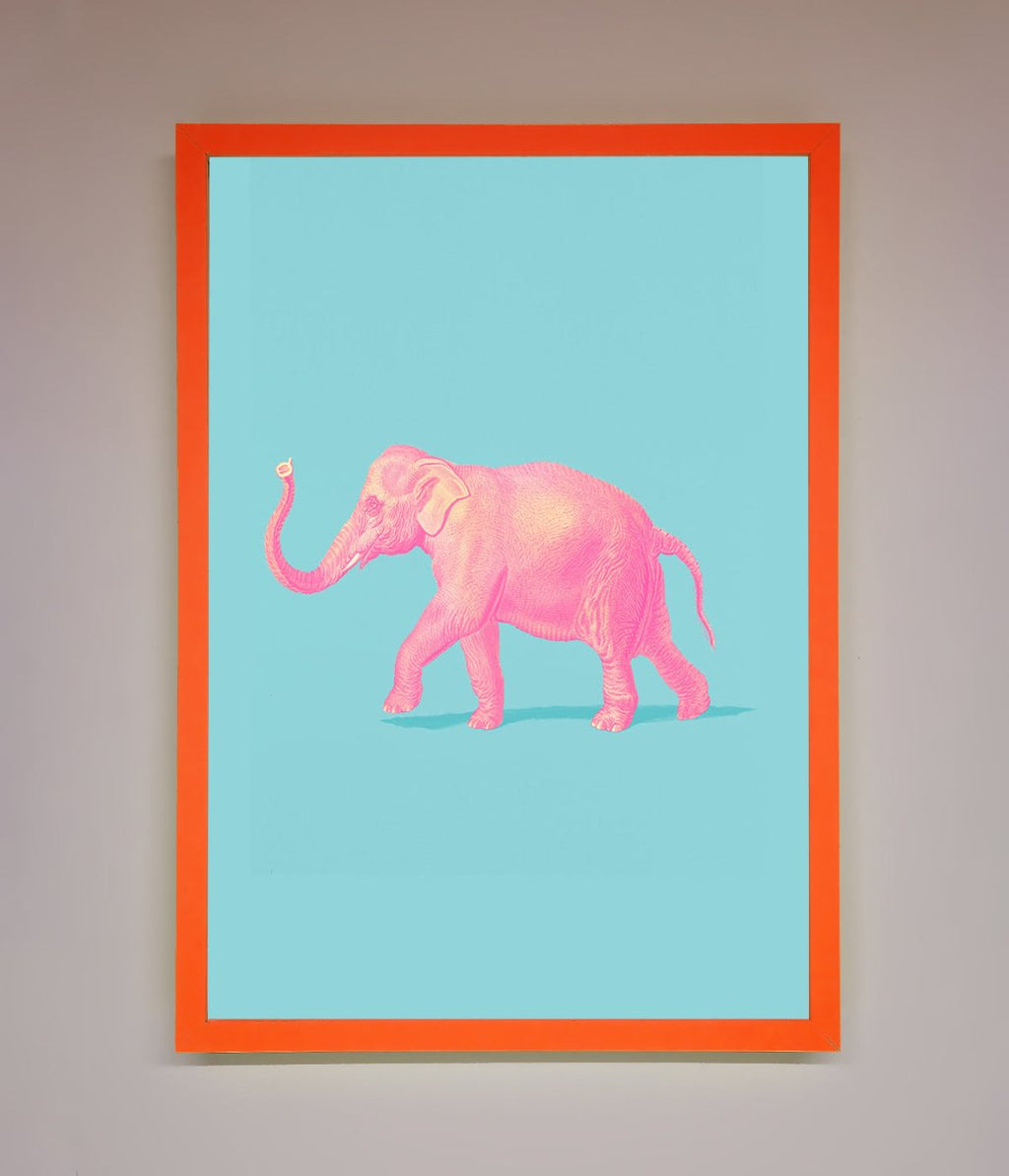 Pink Elephant On Blue Framed Print