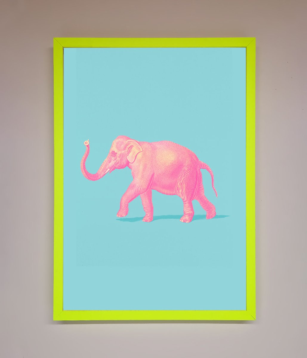 Pink Elephant On Blue Framed Print