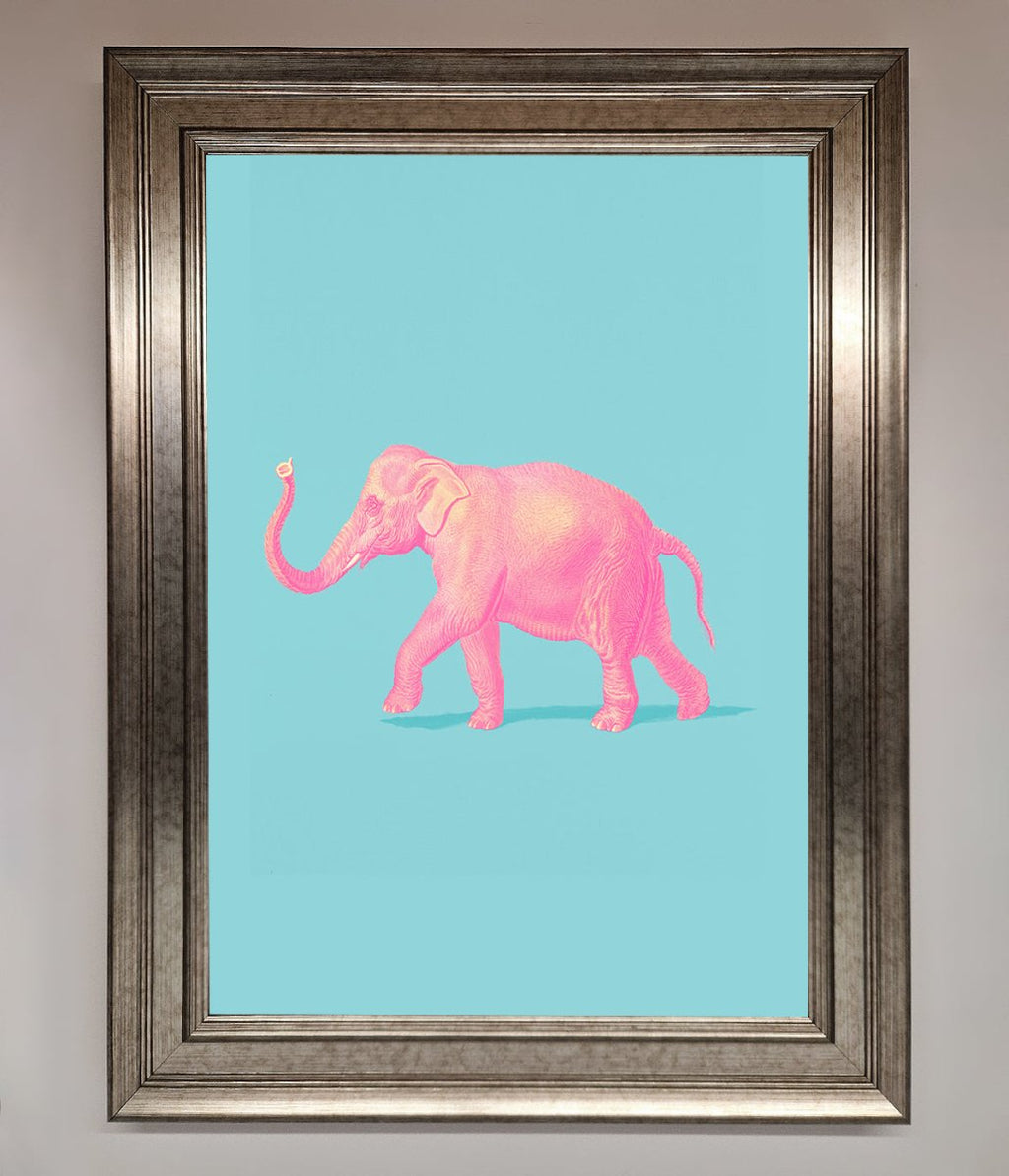 Pink Elephant On Blue Framed Print