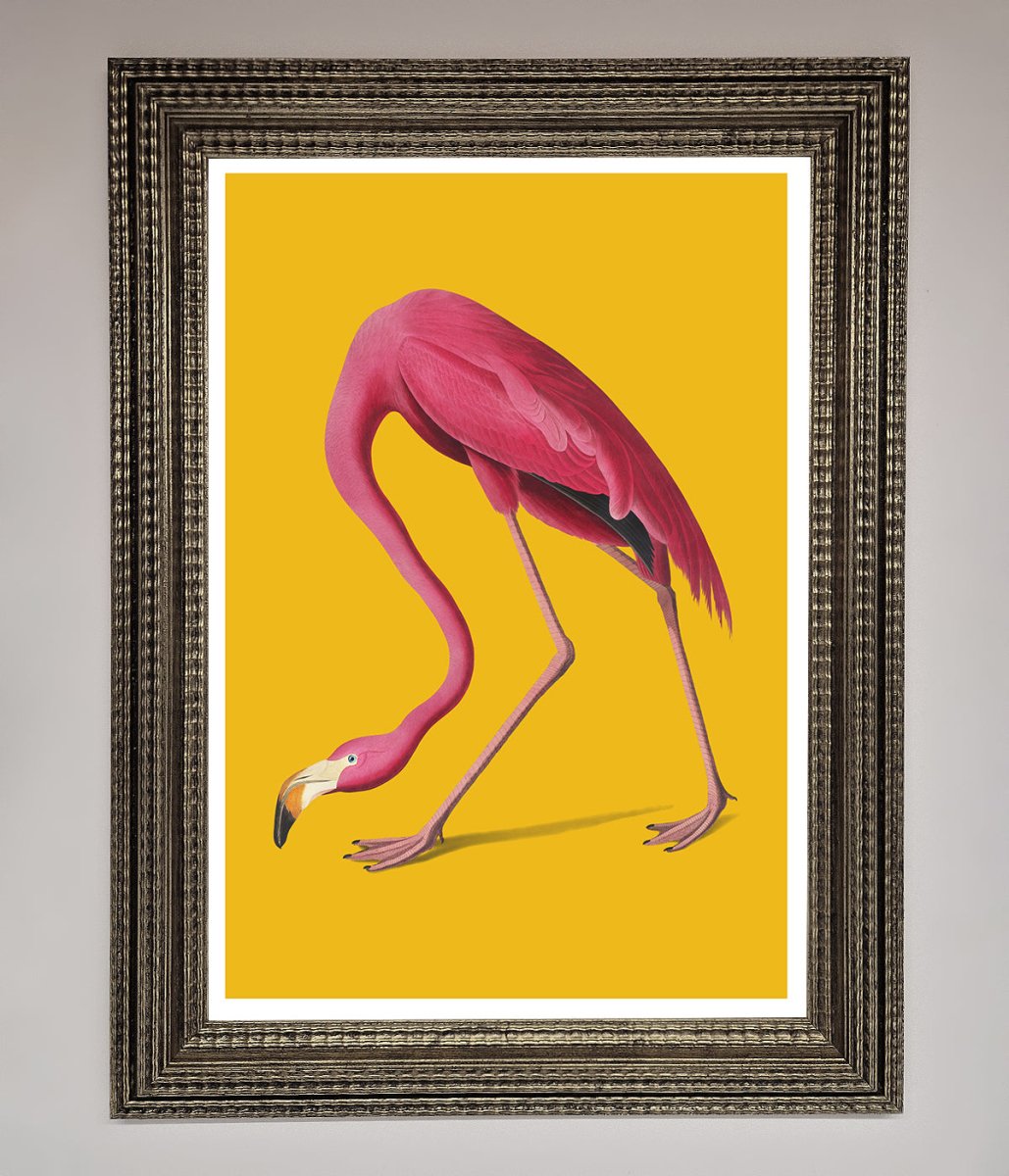 Pink Flamingo On Yellow Framed Print