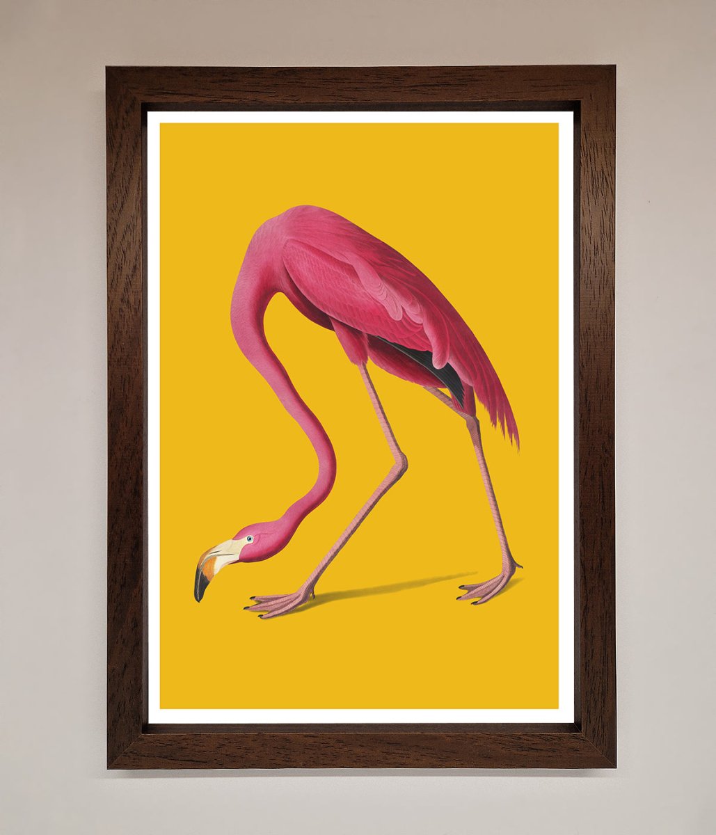 Pink Flamingo On Yellow Framed Print