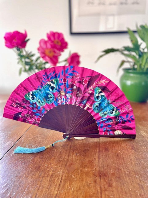Hot Pink Fuchsia Silk Folding Hand Fan with Butterfly and Mushroom Artwork