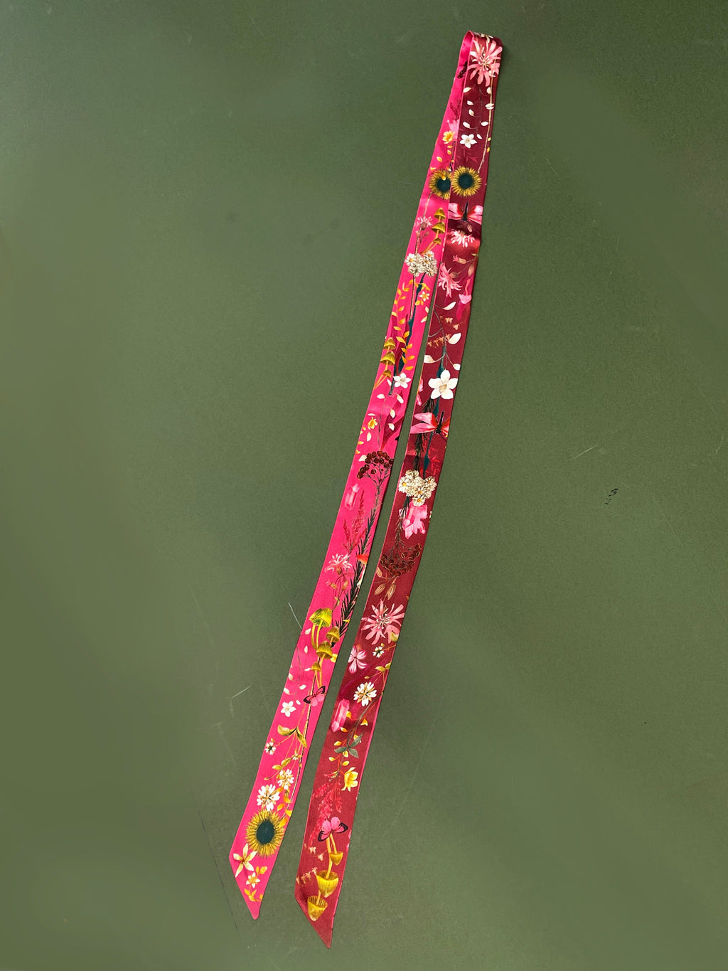 Hot Pink Silk Satin Ultra Skinny Scarf with Sunflowers