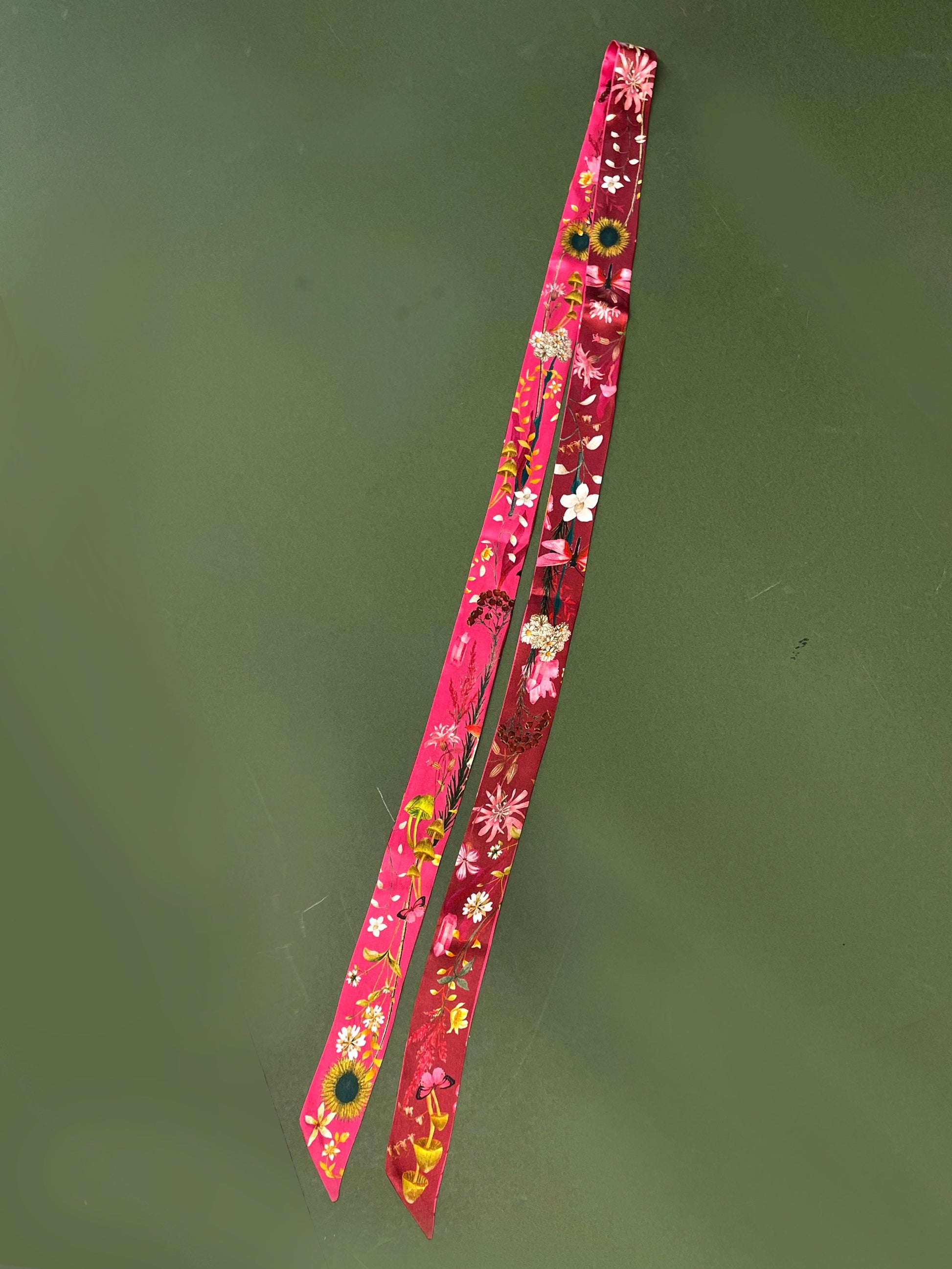 Hot Pink Silk Satin Ultra Skinny Scarf with Sunflowers