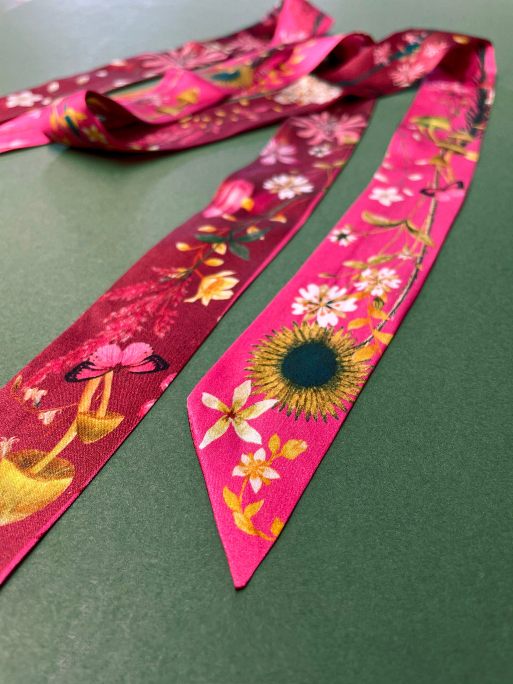 Hot Pink Silk Satin Ultra Skinny Scarf with Sunflowers