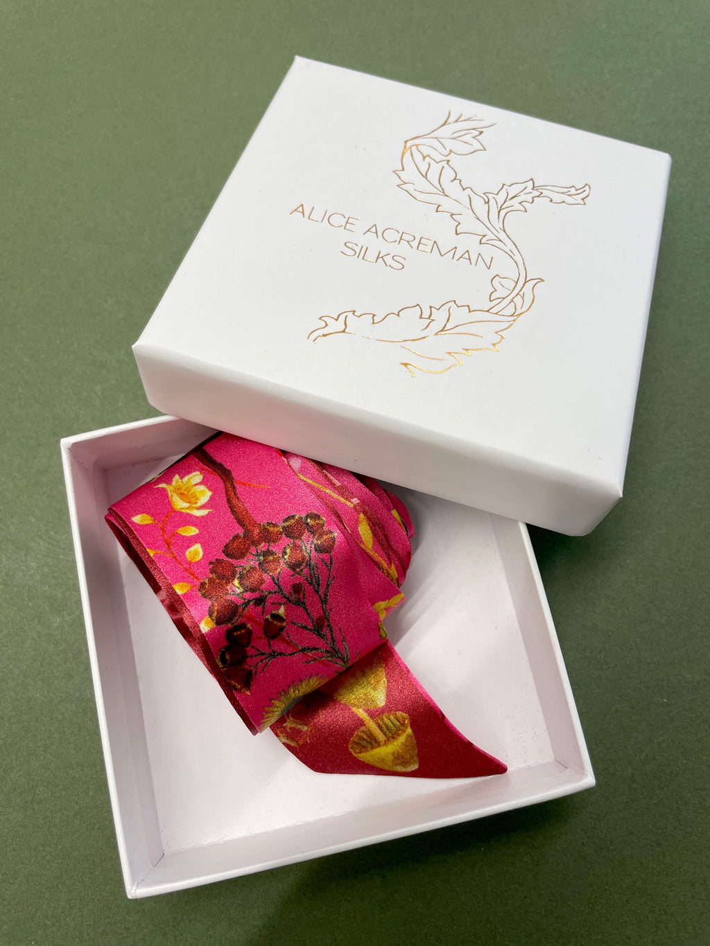 Hot Pink Silk Satin Ultra Skinny Scarf with Sunflowers