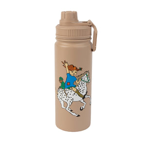 bold beige pippi thermal bottle with moomin art, showcasing its durable stainless steel build and convenient handle