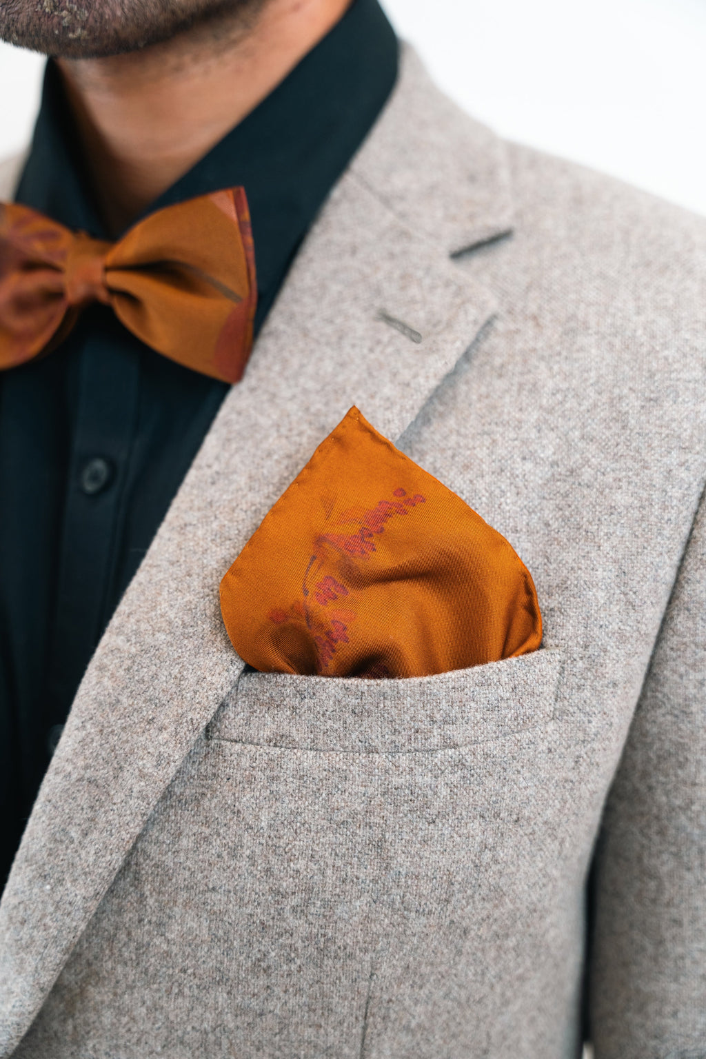 Rust Floral Silk Pocket Square and Bow Tie in Ember Robin Print
