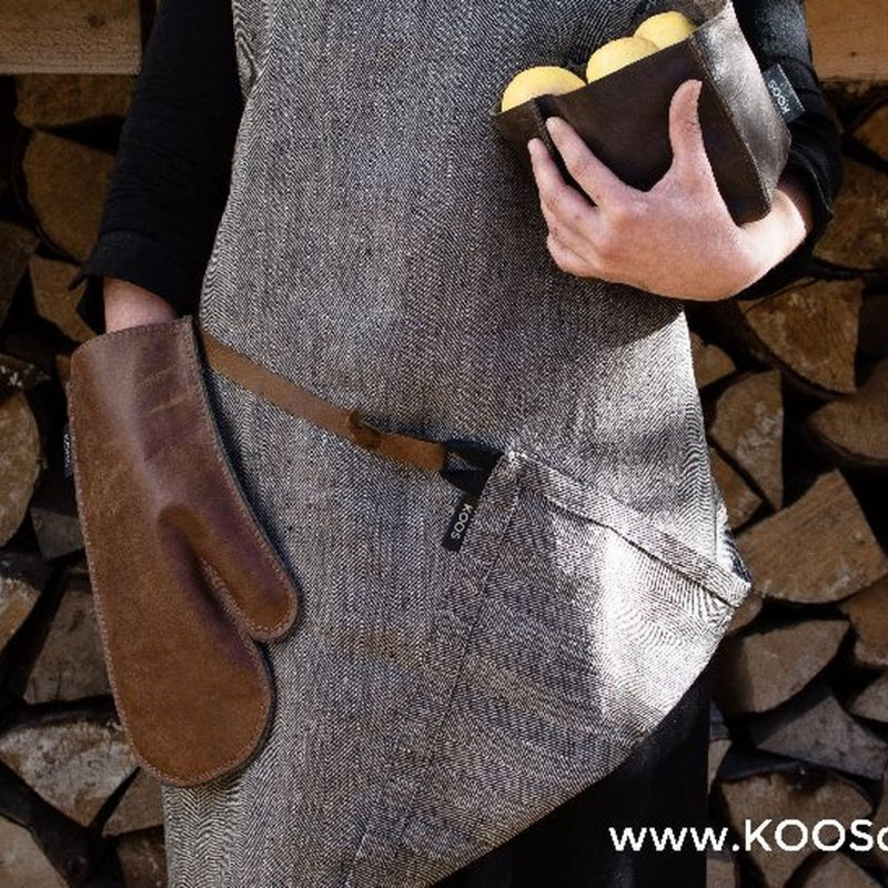 Herringbone Linen Apron with Leather Details – Eco-Friendly Design by KOOSdisain at www.brixbailey.com