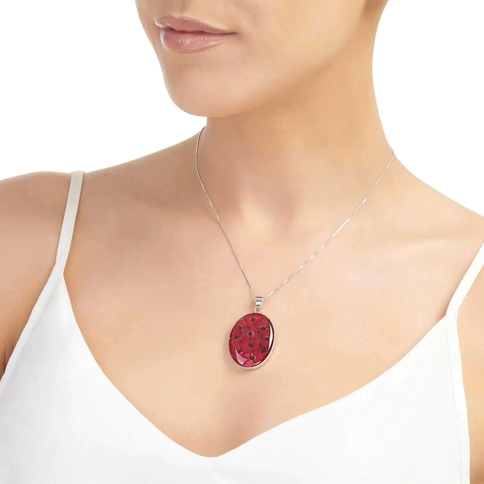 Large Oval Poppy Necklace in Sterling Silver with Real Flowers