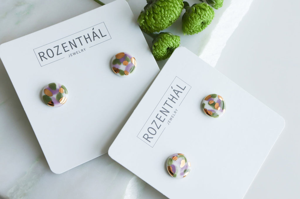 Porcelain Tache Studs -  Green and Violet