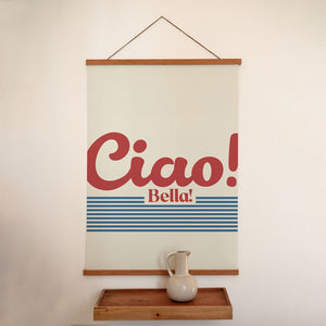bold ciao bella poster on a dark wall, minimalist italian typography making a confident statement