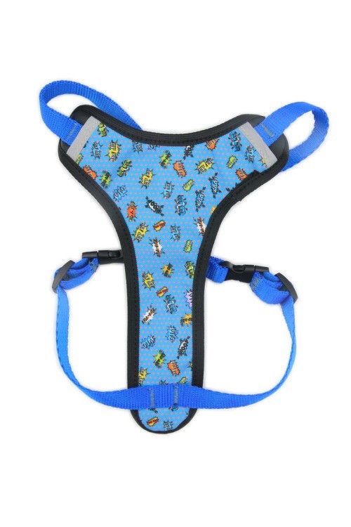 a close-up detail shot of the blue graffiti pattern and durable nickel-plated fittings on the matteo pressure free dog harness