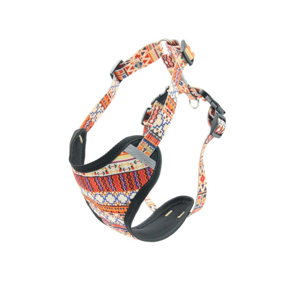 close-up of a boho dog harness showing the adjustable straps and durable nickel-plated fittings