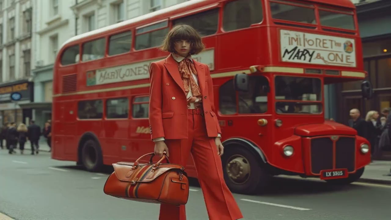 Stylish figure in a red suit holding a matching Sostter bag beside a London double-decker bus, showcasing bold, modern British design.