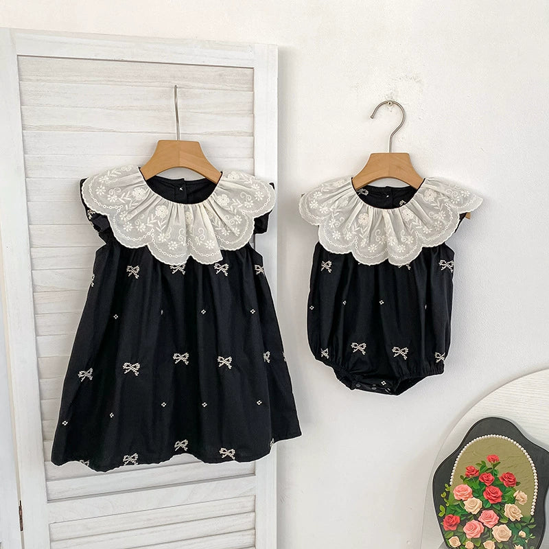 Summer Baby Girl Floral Collar Sleeveless Dress and Onesie Sister Matching Set