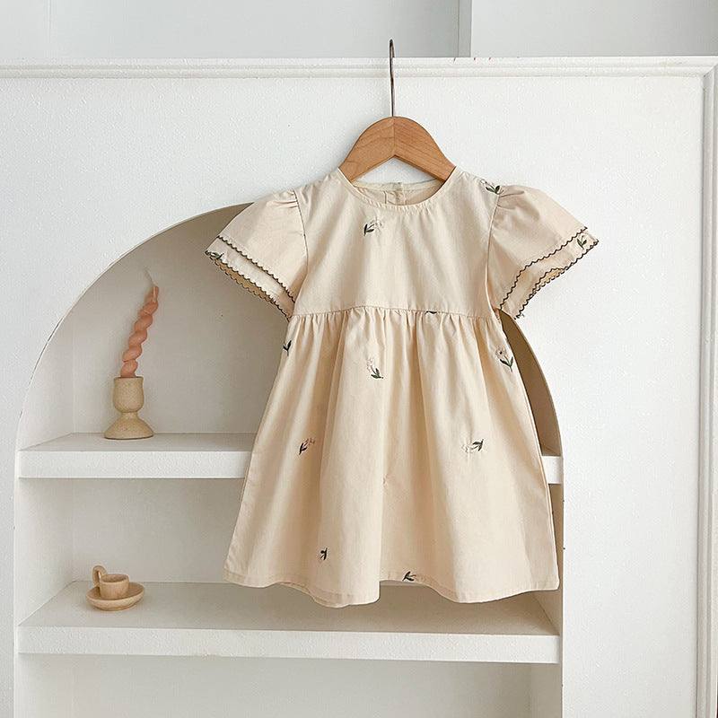 Summer Baby Girl French Floral Embroidery Onesie and Dress Sister Matching Set