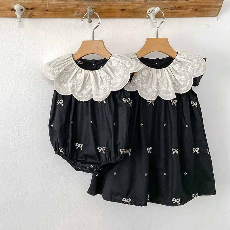 Summer Baby Girl Floral Collar Sleeveless Dress and Onesie Sister Matching Set