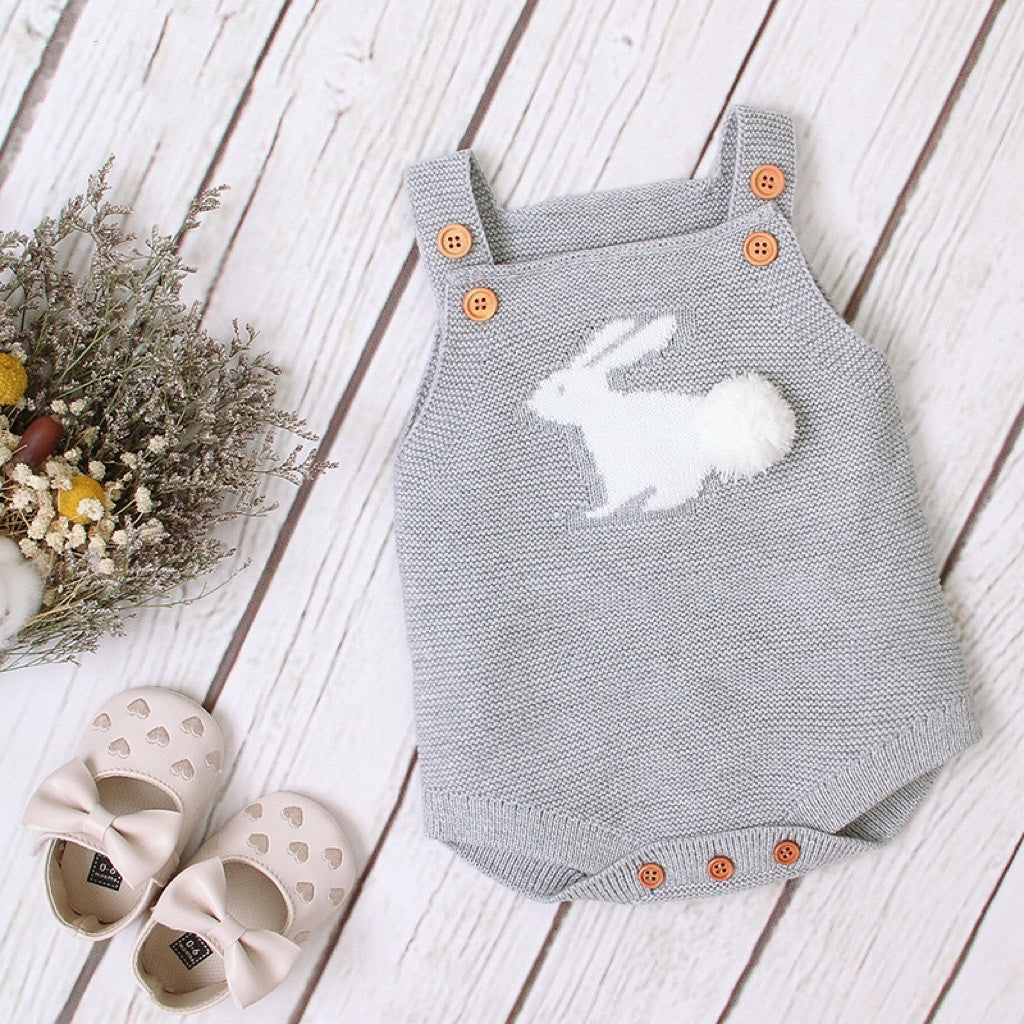 Baby Girl 3D Bunny Embroidered Knitted Bodysuit with Adjustable Straps