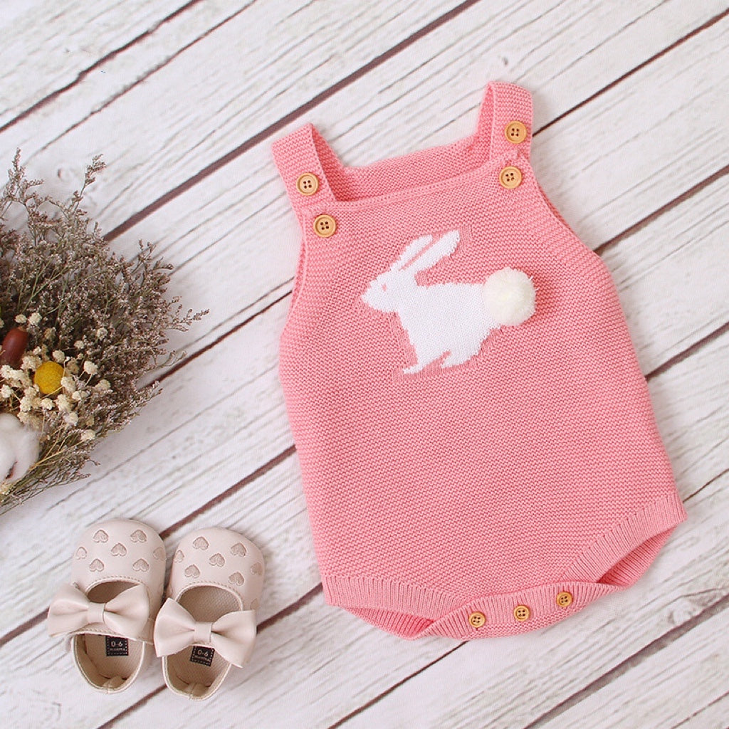 Baby Girl 3D Bunny Embroidered Knitted Bodysuit with Adjustable Straps