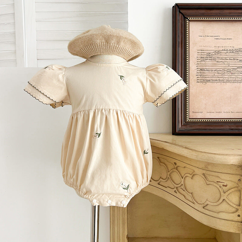 Summer Baby Girl French Floral Embroidery Onesie and Dress Sister Matching Set