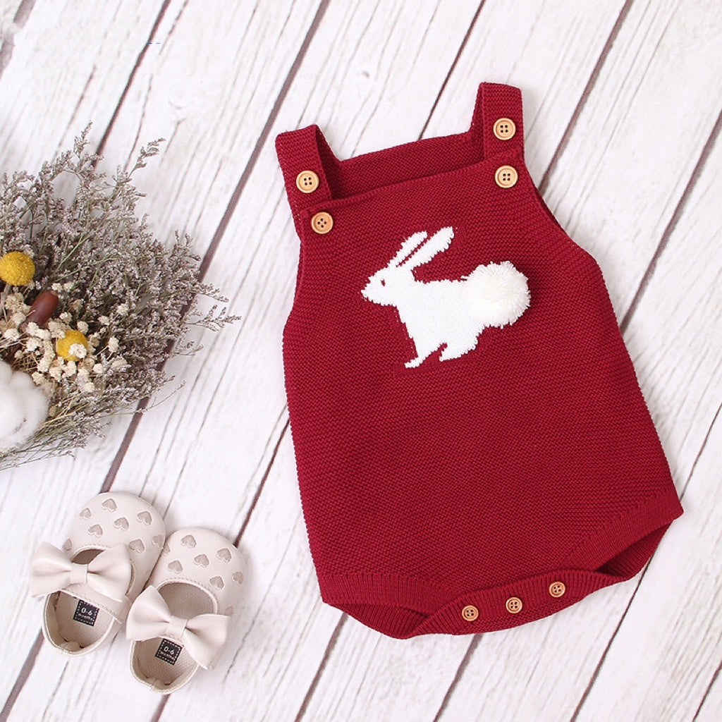Baby Girl 3D Bunny Embroidered Knitted Bodysuit with Adjustable Straps