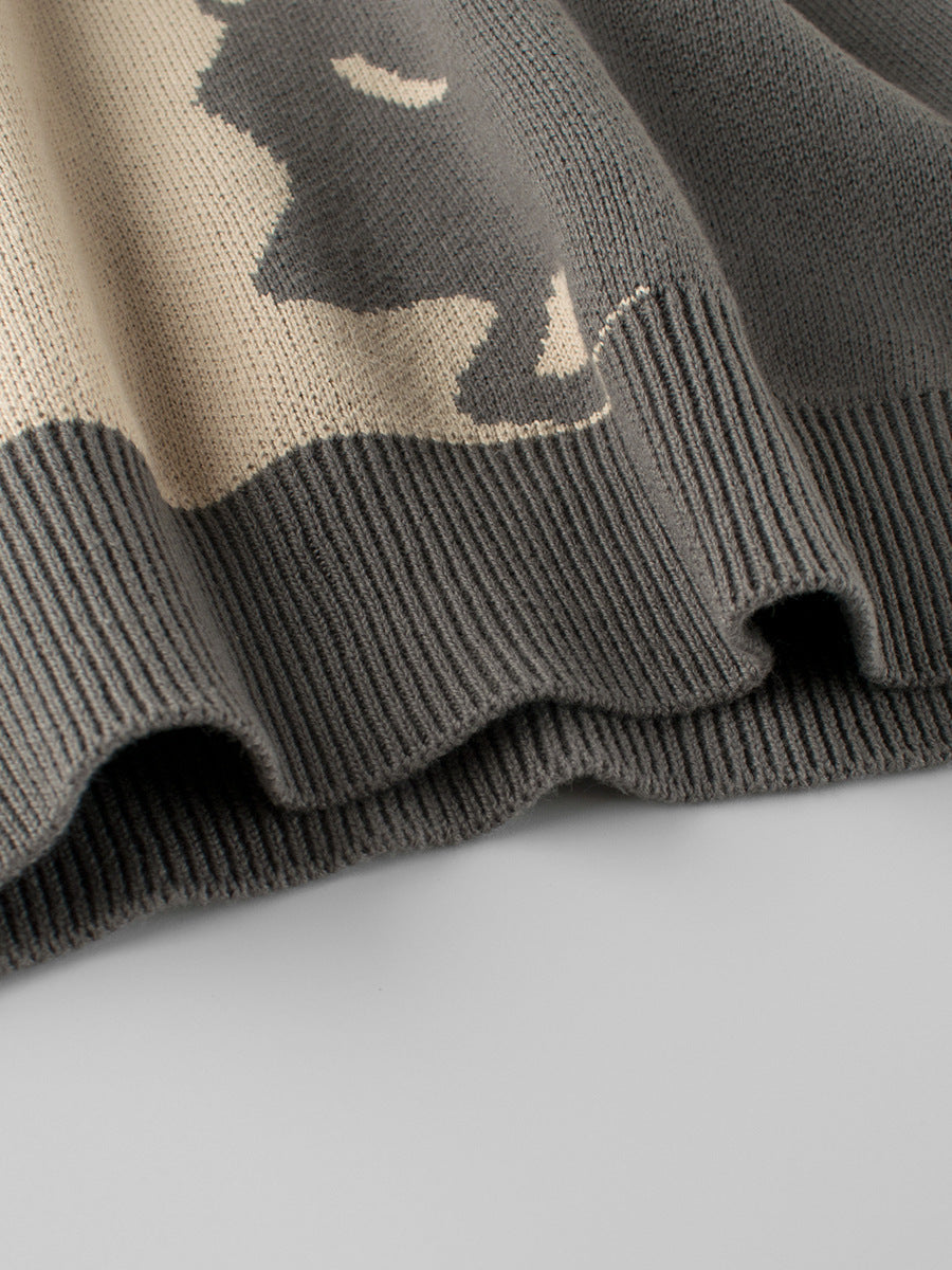 Grey Cat Pattern Knitted Sweatshirt for Baby Girls and Kids