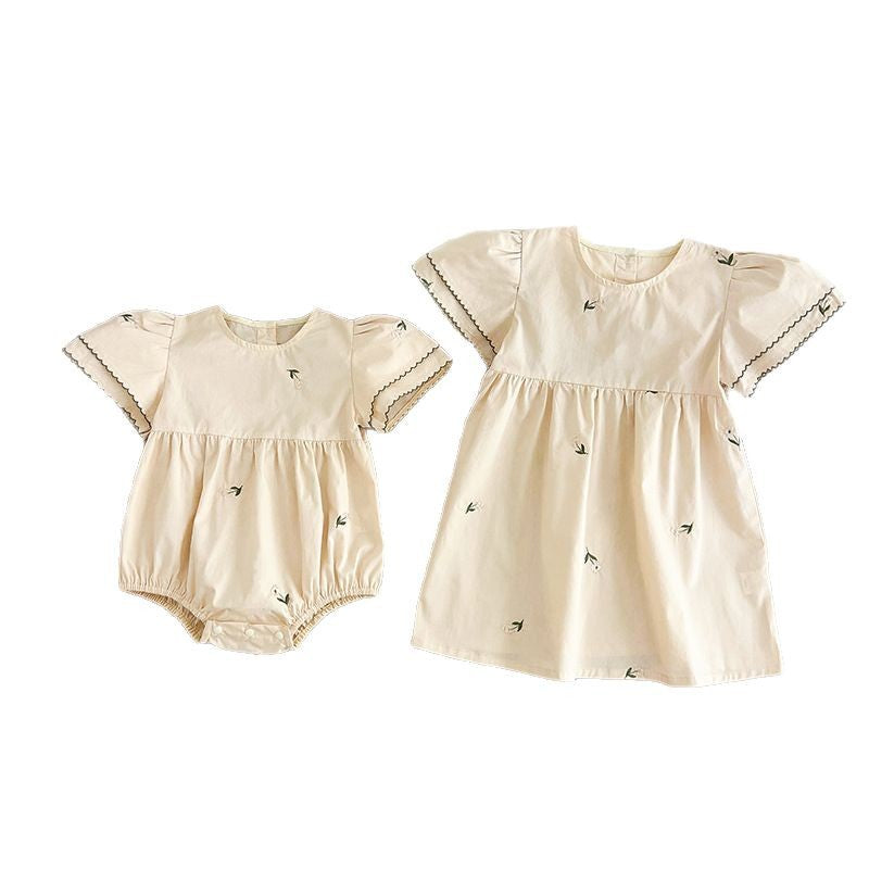 Summer Baby Girl French Floral Embroidery Onesie and Dress Sister Matching Set