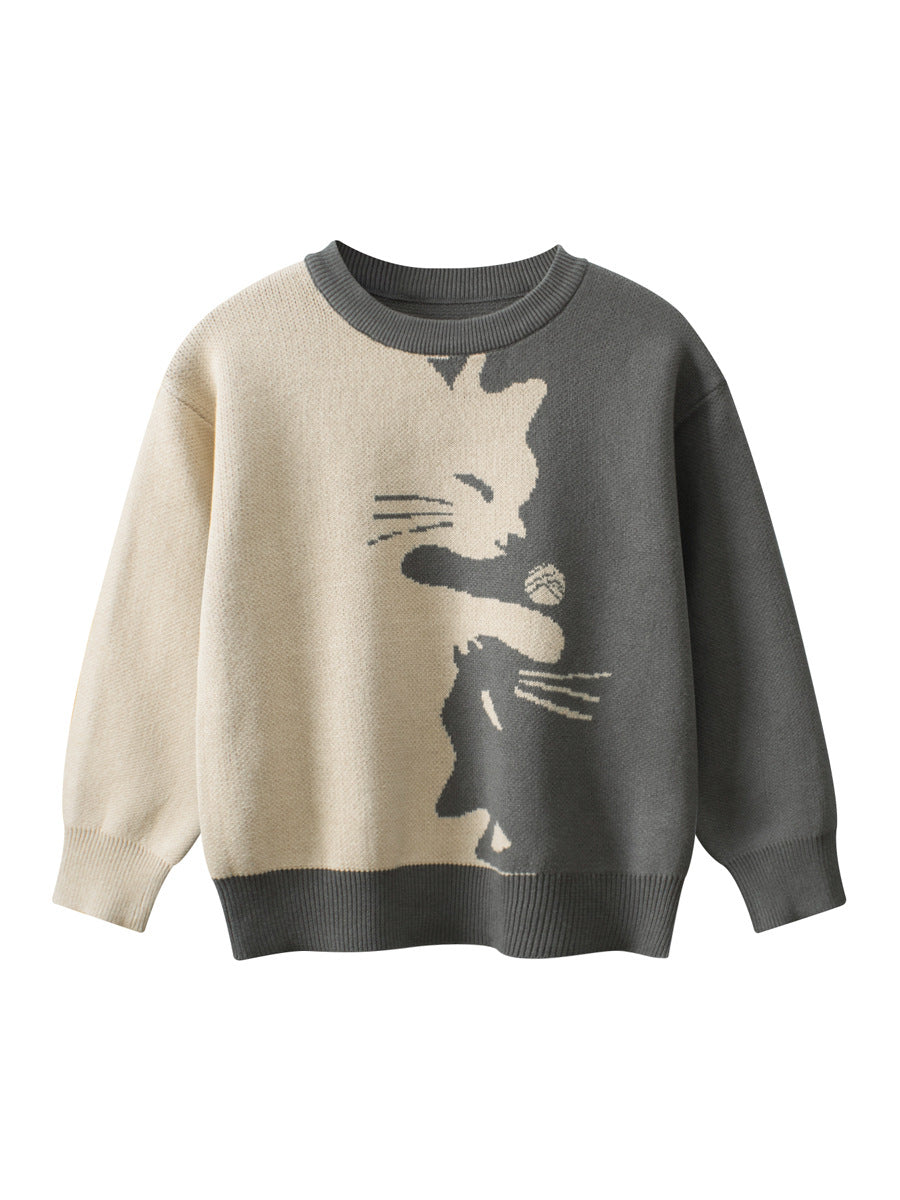 Grey Cat Pattern Knitted Sweatshirt for Baby Girls and Kids