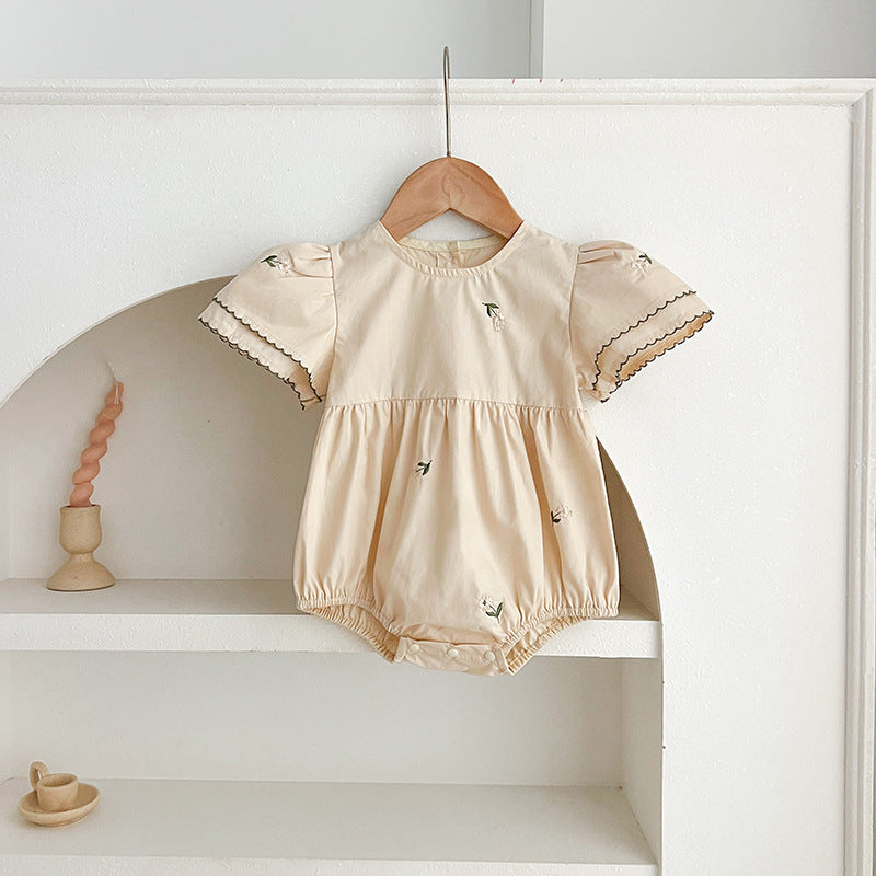 Summer Baby Girl French Floral Embroidery Onesie and Dress Sister Matching Set