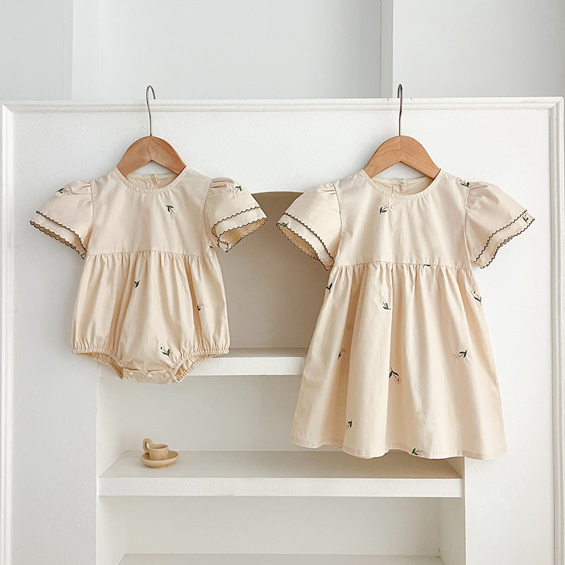 Summer Baby Girl French Floral Embroidery Onesie and Dress Sister Matching Set