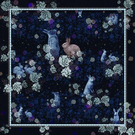 VASSILISA Scarf in Midnight Blue Colour: Bunnies and Florals Print