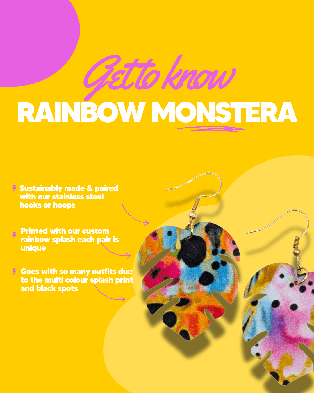 Rainbow monstera leaf earrings