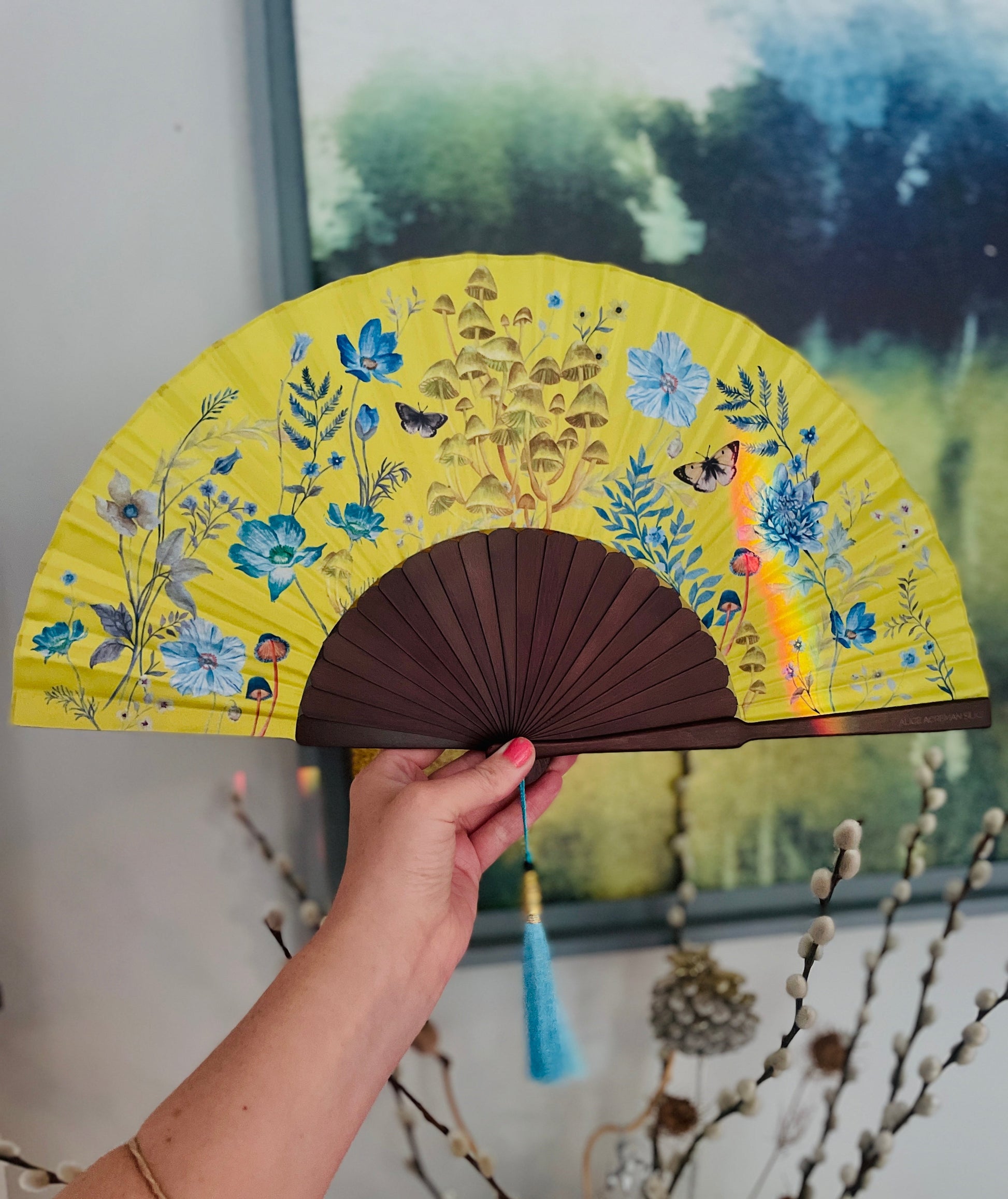 Bright Yellow Silk Folding Hand Fan with Flowers and Mushroom Artwork