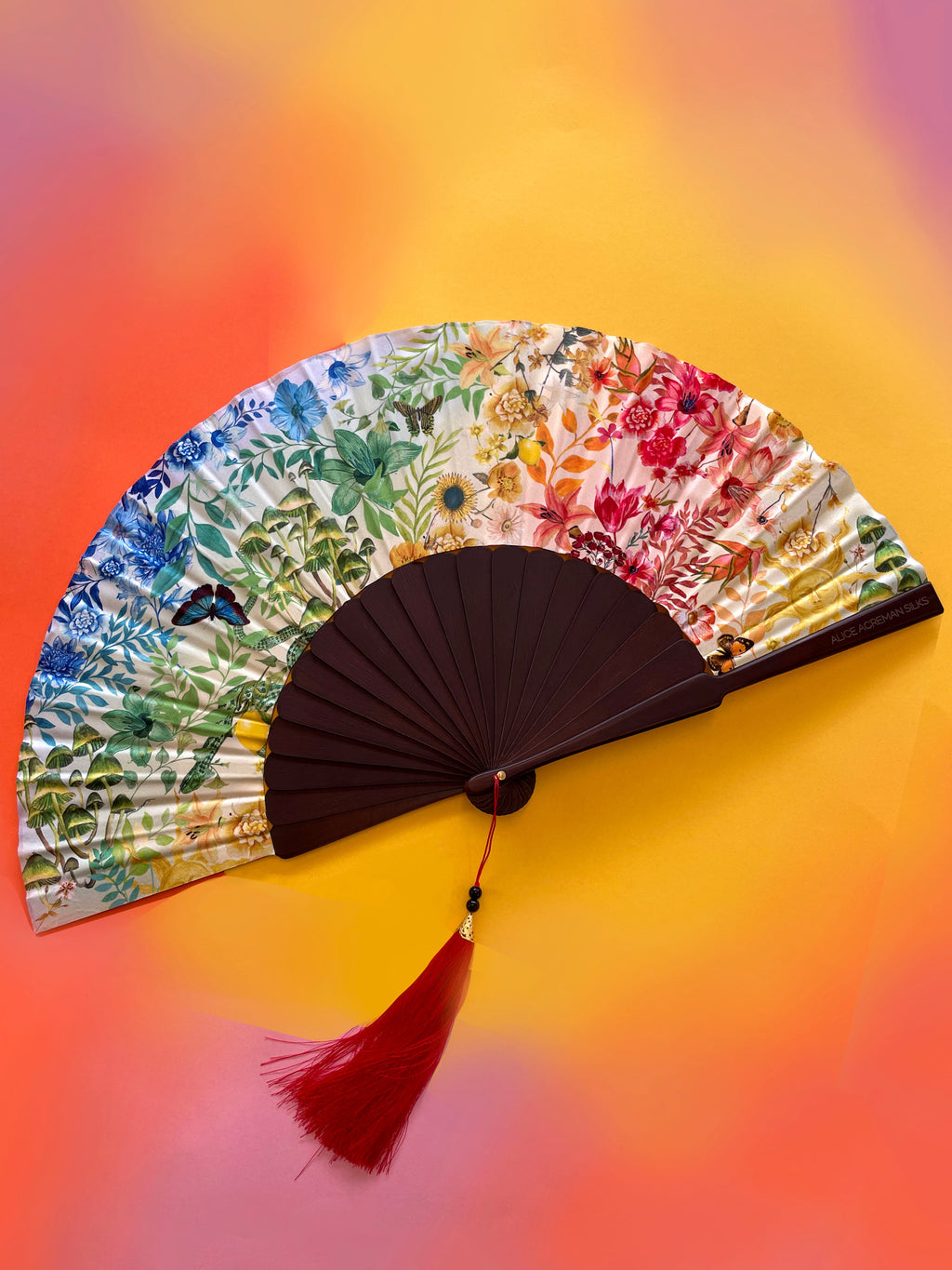 Kaleido Bloom Silk Folding Hand Fan with Rainbow Floral Print